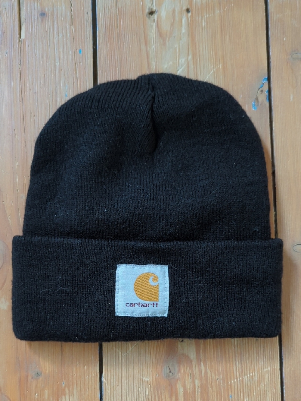 252-Carhartt Black Knit Cuffed Beanie with Logo Patch